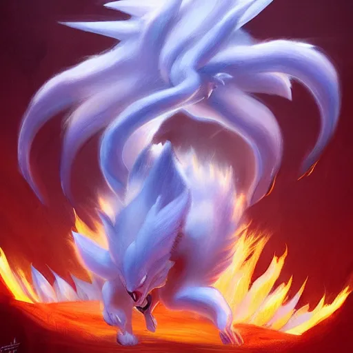 Image similar to pokemon ninetails of fire, artstation greg rutkowski, cinematic, hyperrealist, digital art