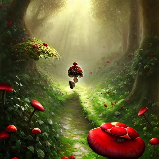 Prompt: portrait of Toad, running through a forest, in the Mushroom Kingdom, giant red and white spotted mushrooms, and roses, from behind, Castle in distance, birds in the sky, sunlight and rays of light shining through trees, beautiful, solarpunk!!!, highly detailed, digital painting by Michael Garmash and Peter Mohrbacher