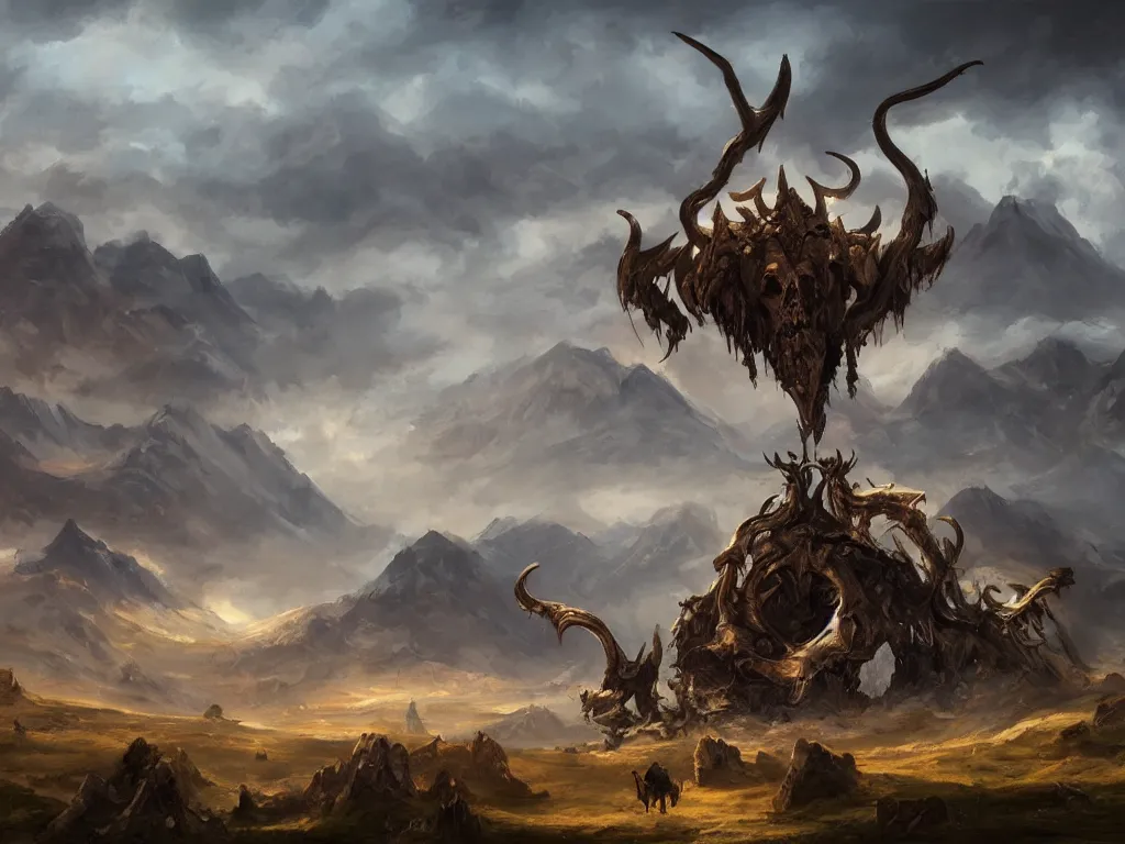 Prompt: a vast landscape painting of a giant skull with horns laying between the mountains, impaled on a sword, trending on artstation, high quality concept art, fantasy