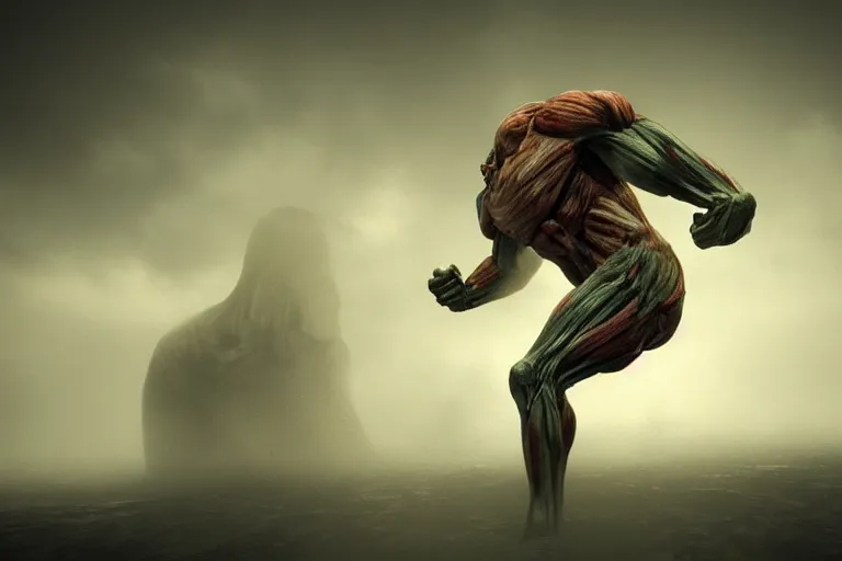 Prompt: a giant screaming titan made of muscles and flesh, very angry, misty, foggy, ambient light, terror, glows, realistic, photo-realism, hyper realism, picture, detailed, 3D render, scary, terror,