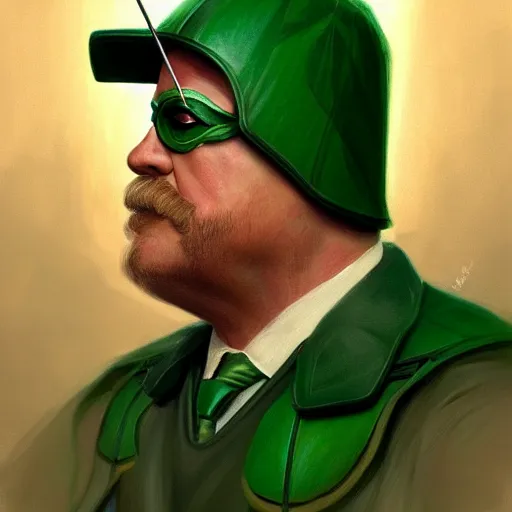 Prompt: glorious full head portrait of Theodore Roosevelt as The Green Arrow, fantasy, intricate, elegant, digital painting, trending on artstation, concept art, sharp focus, illustration by Gaston Bussiere and artgerm, 4k.