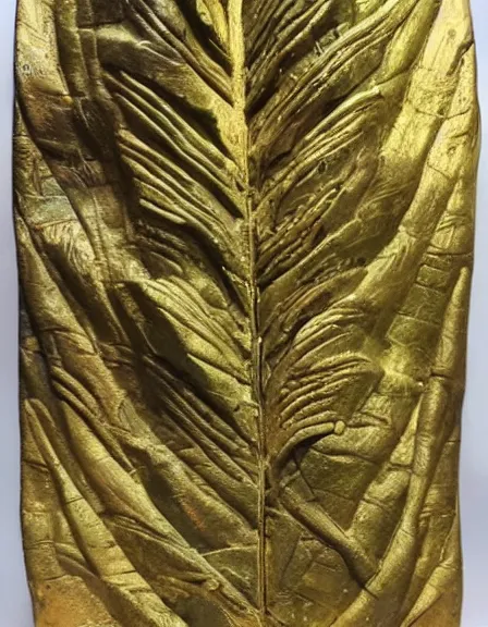 Image similar to vintage color photo of a 1 1 0 million years old inca gold sculpture covered by the jungle vines