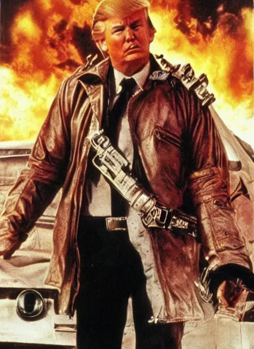 Prompt: an 8 0's john alvin action movie poster starring donald trump mad max. explosions