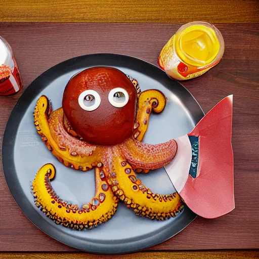 Image similar to octopus made of steel eating fastfood, 5 5 mm