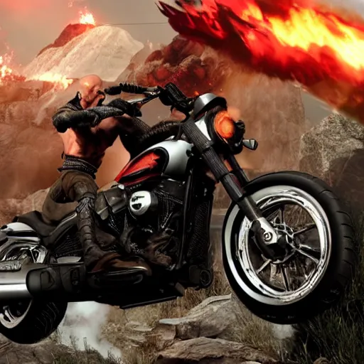 Prompt: kratos jumping a black harley - davidson motorcycle off a cliff, cinematic render, playstation studios official media, god of war 2 0 1 8, flames, centered, red tattoos