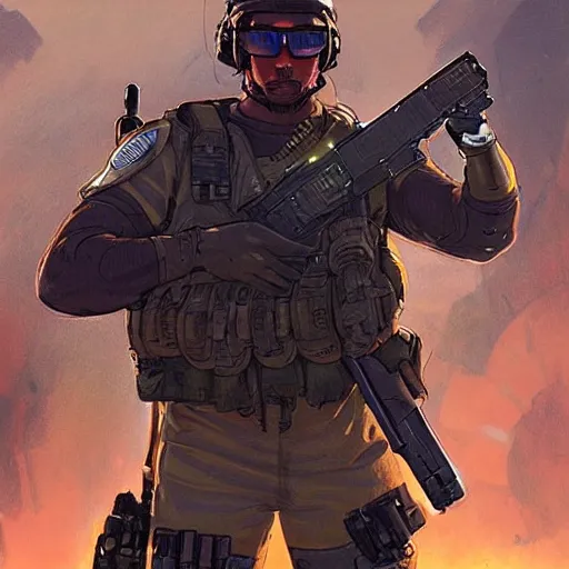 Image similar to Hector. USN special forces futuristic recon operator, cyberpunk headset, on patrol in the Australian neutral zone, deserted city landscape, skyline lit by flares. 2087. Concept art by James Gurney and Alphonso Mucha