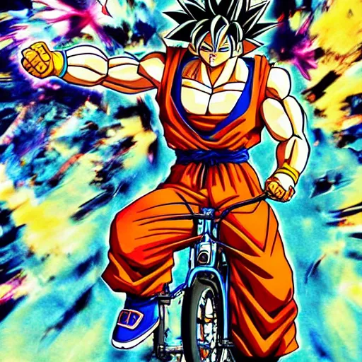 Prompt: Goku riding a electric neon bike, Yoji Shinkawa