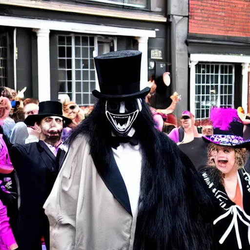 Image similar to The Babadook in black coat and top hat at a pride parade, photograph