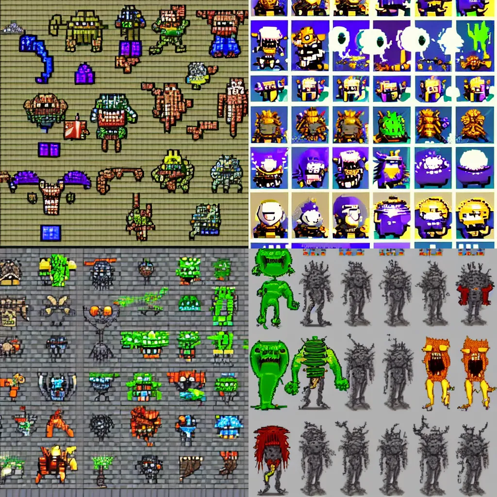 Prompt: class arcade monsters and creatures, sprite sheet