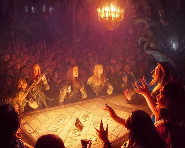 Image similar to photography of blind guardian playing a tavern concert, 8 k, deep focus, d & d, fantasy, intricate, elegant, highly detailed, digital painting, artstation, concept art, matte, sharp focus, illustration, hearthstone, art by artgerm and greg rutkowski and alphonse mucha