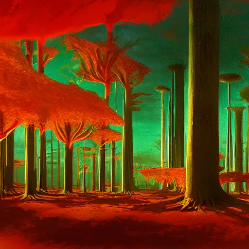 Prompt: wide-shot-Exterior of the domain of the Mesophytic Vermillion Grove, imagistic sky, by Cortes Thurman the greatest contranatural-concept artist ever known, Wide Shot in symmetrical Ultra HD