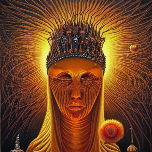 Image similar to THE QUEEN OF THE SUN by jacek yerka, alex gray, zdzisław beksiński, dariusz zawadzki, jeffrey smith and h.r. giger, oil on canvas, 8k highly professionally detailed, trending on artstation