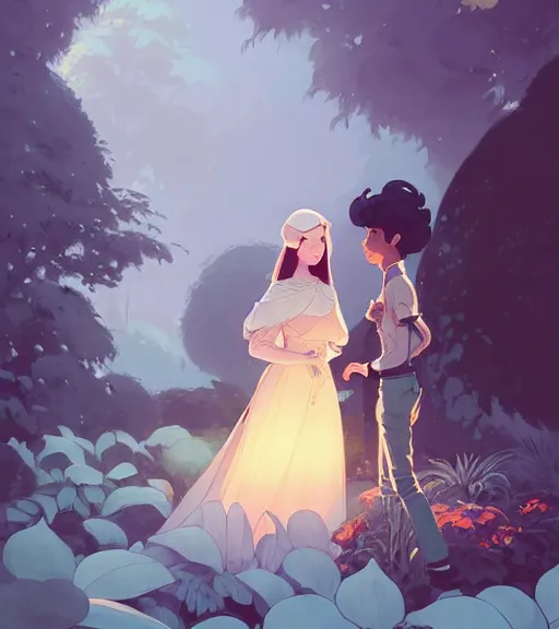 Image similar to a princess and a prince near face to face in the beautiful garden by atey ghailan, by greg rutkowski, by greg tocchini, by james gilleard, by joe fenton, by kaethe butcher, dynamic lighting, gradient light blue, brown, blonde cream and white color scheme, grunge aesthetic