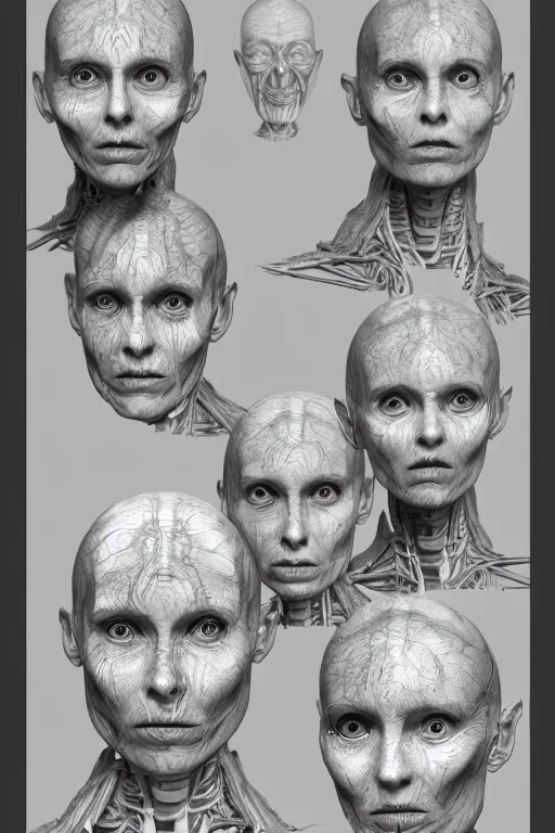 Image similar to french facial anatomy with gunmetal grey skin, medical anatomy, very symmetrical face, highly detailed, three - perspective / three - view reference sheet ( front / back / side ), in the style of dan ouellette, steven jung, amanda lilleston, hr giger, sil from species, dren from splice, mecha, artstation, unreal engine