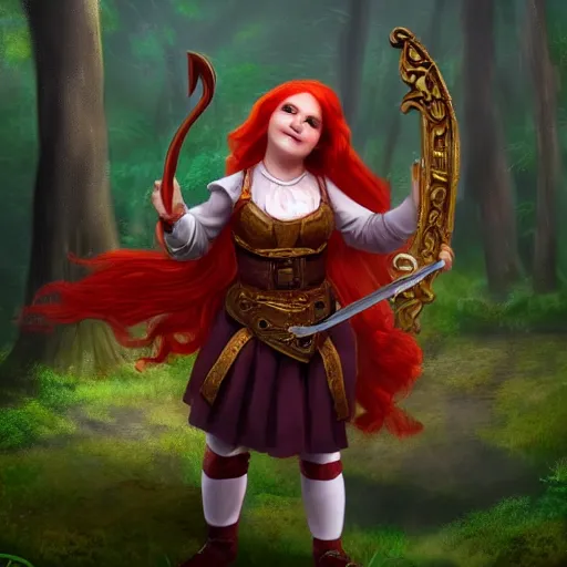 Prompt: female halfling bard with red hair, a lyre in the middle of a forest, trending on artstation, volumetric lightning, 8k, highly detailed