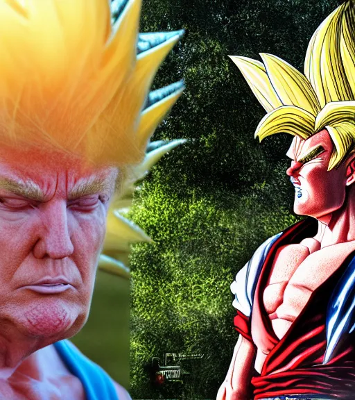 Image similar to award winning 5 5 mm close up portrait color photo of super saiyan trump, in a park by luis royo. soft light. sony a 7 r iv