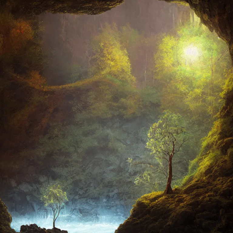 Prompt: A beautiful, highly detailed, very realistic oil painting of a single tree with rainbow leaves, next to a small river, glowing bright blue in the middle of a huge, very dark cave, with lots of dark grey rocks, oil painting by Greg Rutkowski.