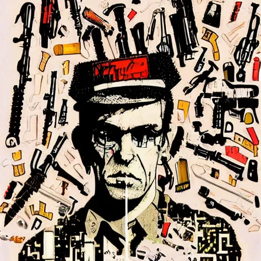 Image similar to Graphic Illustration of a man made out of Guns, Cyberpunk, Portrait, graffiti, by Ralph Steadman, Hunter S Thompson