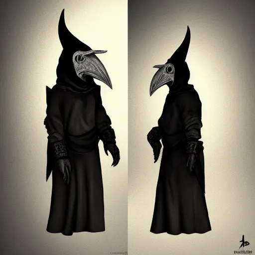 Image similar to female plague doctor donning a black hood, steel armor and a white crow mask, trending on artstation