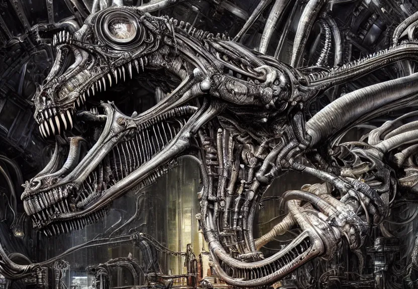 Prompt: extremely detailed. a oily crystal cybernetic tyrannosaurus rex engine. iridescent biomechanical giger ’ s xenomorph. the thing. detailed and intricate environment, hyperrealism, black background, detailed and intricate environment, reflective, dynamic lighting, rembrandt, 8 k