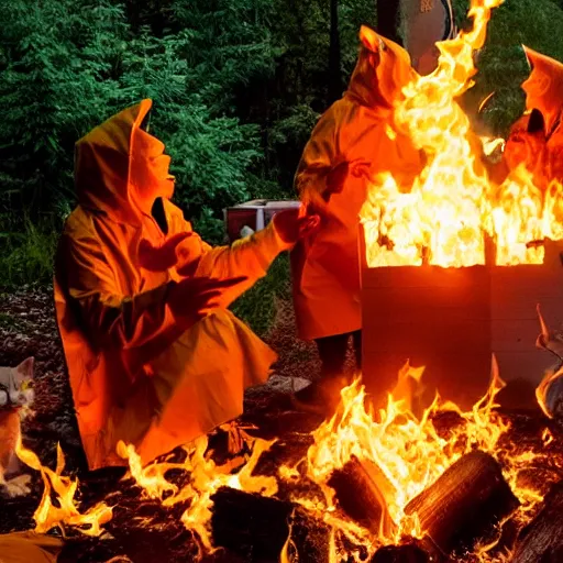 Image similar to a gathering of yellow raincoat wearing kitten magicians summon a fire goddess from the depths of a raging fire pit, flames are emerging from fissures in the ground.