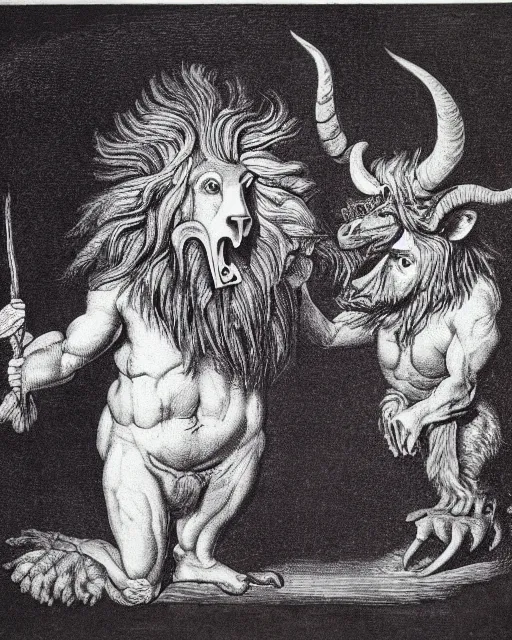 Image similar to a creature with the body and eyes of a man, with the beak of an eagle, the mane of a lion, and the horns of an ox. drawn by francis bacon