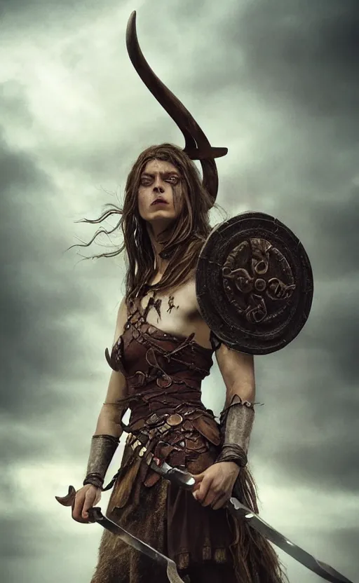 Prompt: Official photo of a majestic fierce viking woman, leader, fear, scarred, hyperrealism, highly detailed, viking attire, cinematic, 8k, 1080s, by Stanley Artgermm, Tom Bagshaw, Greg Rutkowski, Vincent di Fate, Carne Griffiths, Ayami Kojima, trending on DeviantArt, hyper detailed, full of color, digital art