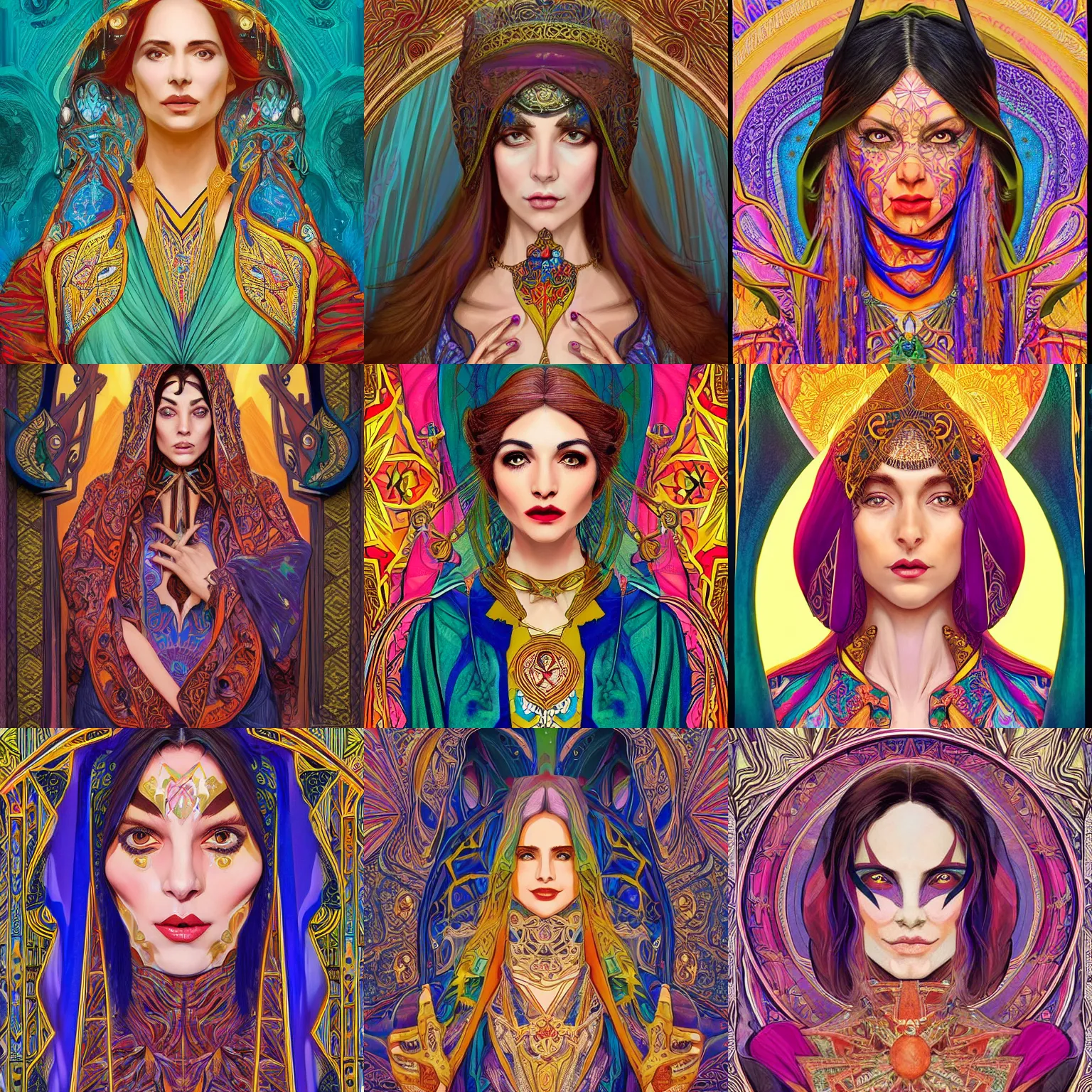 Prompt: head-on symmetrical centered painted portrait, Ghada Abdel Razek as a D&D wizard, shoulders up, ornate colourful robes, art nouveau, tarot card style, fantasy, intricate, elegant, highly detailed, smooth, sharp focus, illustration, artstation, in the style of Artgerm and Anna Podedworna and Alex Ross and Mucha