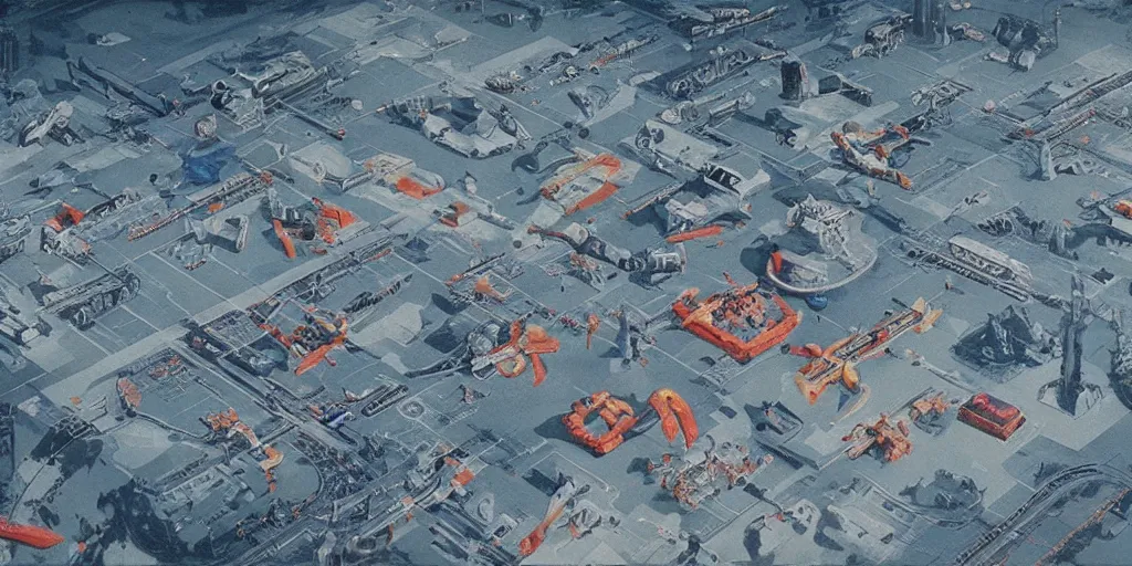 Image similar to Aerial shot of a Soviet era science fiction set painted by James Jean, cinematography by Yo-Yo Ma, composition by Fritz Lang