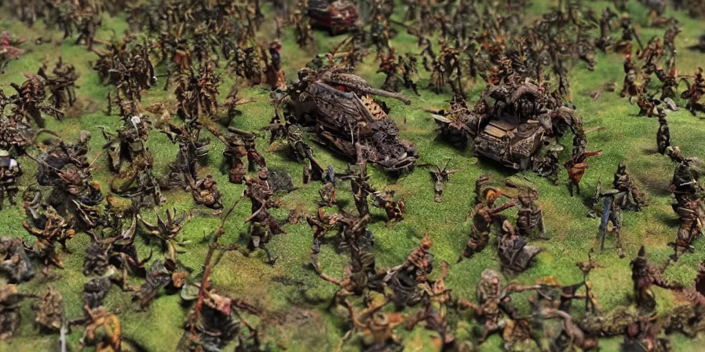 Image similar to zoomed in photo taken of an epic intricate extremely detailed battlefield diorama, with highly detailed, exquisitely weathered 3 d printed characters. an army of high elves battling a horde of orcs, dragon fly overhead, macro shot, photorealistic, sharp focus, f 0. 4, golden ratio, soft light, wide angle lens, 3 9 0 0 k
