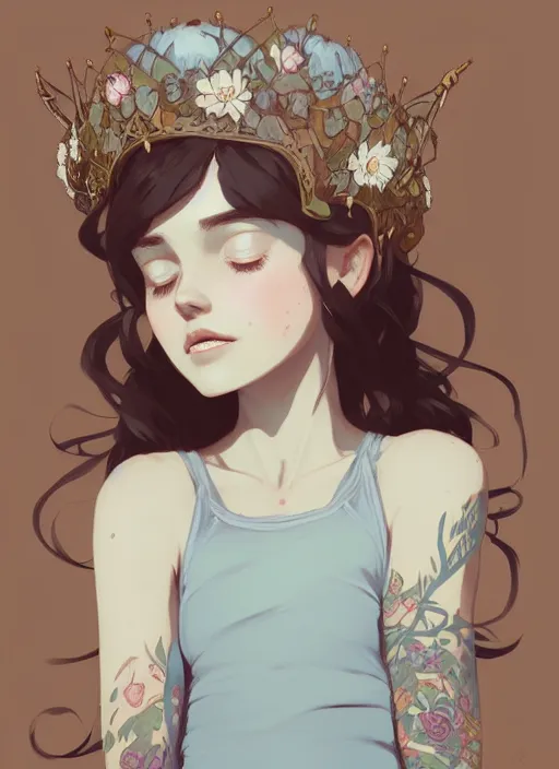 Image similar to portrait of cute nymph girl with crown of flowers with celtic tattoos, fantasy, by atey ghailan, by greg rutkowski, by greg tocchini, by james gilleard, by joe gb fenton, by in kaethe butcher, dynamic lighting, gradient light blue, brown, blonde cream and white color in scheme, grunge aesthetic