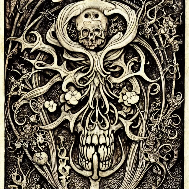 Image similar to memento mori by arthur rackham, art forms of nature by ernst haeckel, exquisitely detailed, art nouveau, gothic, ornately carved beautiful skull dominant, intricately carved antique bone, art nouveau botanicals, ornamental bone carvings, art forms of nature by ernst haeckel, horizontal symmetry, arthur rackham, ernst haeckel, symbolist, visionary