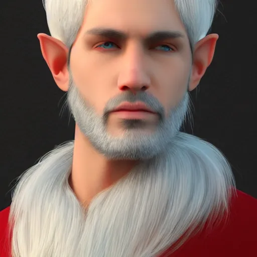 Image similar to a highly detailed portrait of a middle aged male elf with white hair and a very short beard, in red clothes, artstation, deviantart, professional, photorealistic