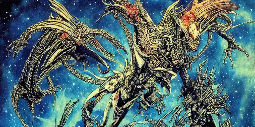 Image similar to an alien dragon flying through outer space, epic nebula, style of philippe druillet art