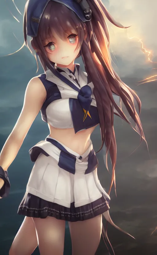 Image similar to highly detailed, character art, octane, stunning, realistic lightning, realistic ocean, characters from azur lane, matte, sharp focus, intricate, 150mm, illustration, artstation, professional drawing, by tatsuki fujimoto, realistic anatomy, smooth, female sailor uniforms, explosions, single girl in the scene