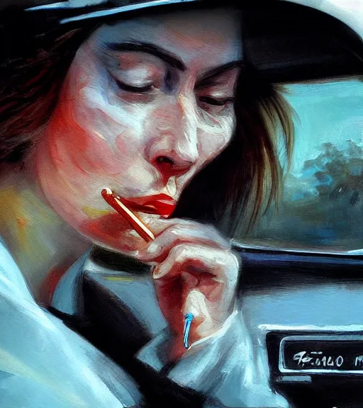 Prompt: high quality high detail painting by alberto mielgo and jaime jones, woman smoking in a car, hd