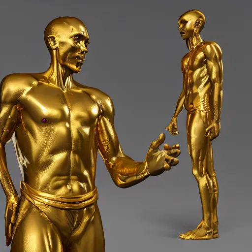 Image similar to portrait of homo sapiens gold statue reflect chrome, 8 k uhd, unreal engine, octane render in the artstyle of finnian macmanus, john park and greg rutkowski