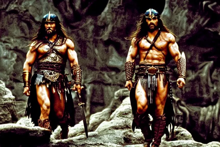 Image similar to 7 0 mm film still from conan the barbarian, jason momoa as conan with a giant sword wearing ornate dragon armor in the wet tombs of medusa skulls and snakes, cinematic, volumetric lighting, mist, wet skin and windblown hair, muscular!!!, heroic masculine pose, ridley scott