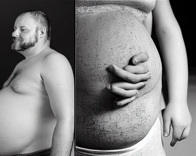 Prompt: “Photo of a man 2 weeks pregnant on the left half of the image, and 40 weeks pregnant on the right half of the image”