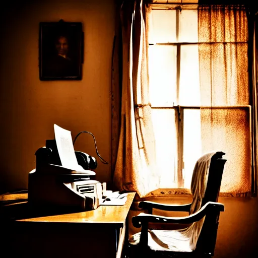 Image similar to Portrait of a mummy sitting at a very old desk, with very old curtains in the room. The desk has a very old phone on it. Dusty air