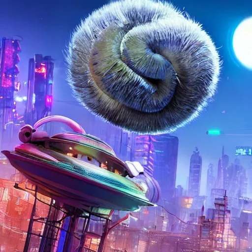 Prompt: Close up of Horton Hears a Who in Night City Cyberpunk 2077, 8k, highly detailed city background with flying cars, hazy, tropical, partly sunny, ultra realistic, octane, ue5