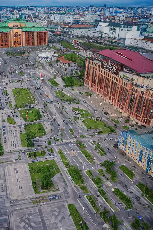 Prompt: Yakub Kolas Square in the city of Minsk, Belarus, view of the 4th Big Hall and the underground descent into the metro from two sides, summer, cloudy, beautiful, photorealistic, perfect, photo kodak 35mm colored, 8K, high quality, 8k resolution, 4K, detailed, high details, Super-high quality, hyperdetailed, Hyperrealistic