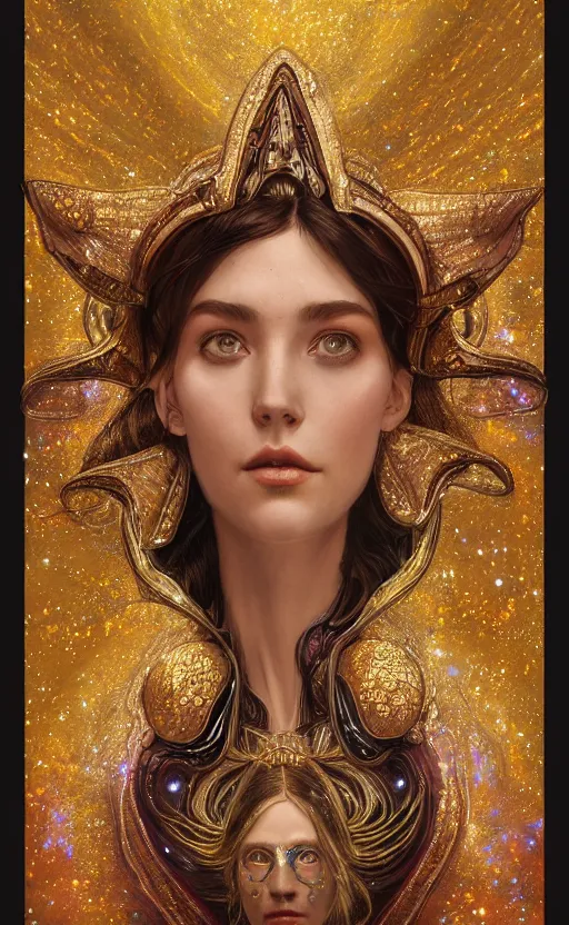 Image similar to portrait of a cosmic goddess, suit made out of stars and galaxies and cosmic energy, intricate, headshot, highly detailed, digital painting, artstation, concept art, sharp focus, cinematic lighting, illustration, art by artgerm and greg rutkowski, alphonse mucha, cgsociety