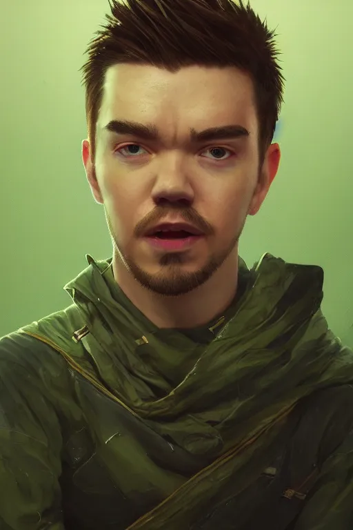 Image similar to a portrait of the YouTuber jacksepticeye in a goofy outfit by Greg Rutkowski, Sung Choi, Mitchell Mohrhauser, Maciej Kuciara, Johnson Ting, Maxim Verehin, Peter Konig, final fantasy , 8k photorealistic, cinematic lighting, HD, high details, atmospheric , trending on artstation