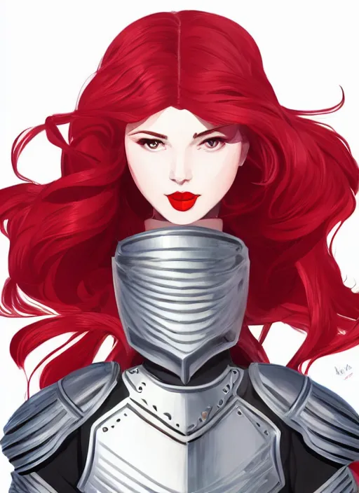 Image similar to a young woman in full plate armor with beautiful hair and red lips stages in a dramatic pose. she is a knight. clean cel shaded vector art. shutterstock. behance hd by lois van baarle, artgerm, helen huang, by makoto shinkai and ilya kuvshinov, rossdraws, illustration, art by ilya kuvshinov