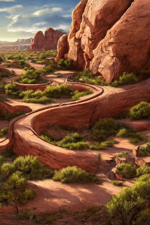 Image similar to beautiful utah desert, rock arcs, lush vegetation, landscape, alex ross, eddie mendoza, raphael lacoste, sebastian ludke, concept art, matte painting, highly detailed, rule of thirds, dynamic lighting, cinematic, detailed, magnificiant landscape, denoised, centerd