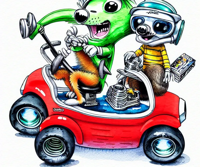 Image similar to cute and funny, racoon wearing a helmet riding in a tiny hot rod golf cart with oversized engine, ratfink style by ed roth, centered award winning watercolor pen illustration, isometric illustration by chihiro iwasaki, edited by range murata