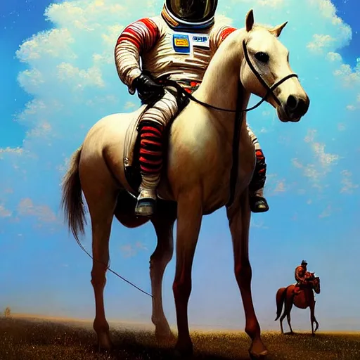 Image similar to a horse on top of a man, the astronaut is carried by the horse, hyperrealism, no blur, 4 k resolution, ultra detailed, style of ron cobb, adolf hiremy - hirschl, syd mead, ismail inceoglu, rene margitte