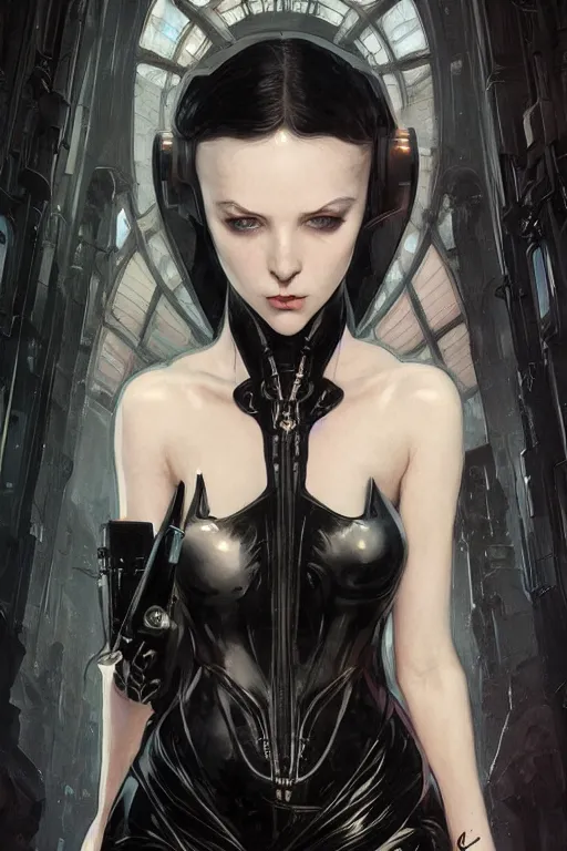 Image similar to Beautiful pale cyberpunk gothic girl in black latex intricate, elegant, highly detailed, digital painting, artstation, concept art, smooth, sharp focus, illustration, art by artgerm and greg rutkowski and alphonse mucha
