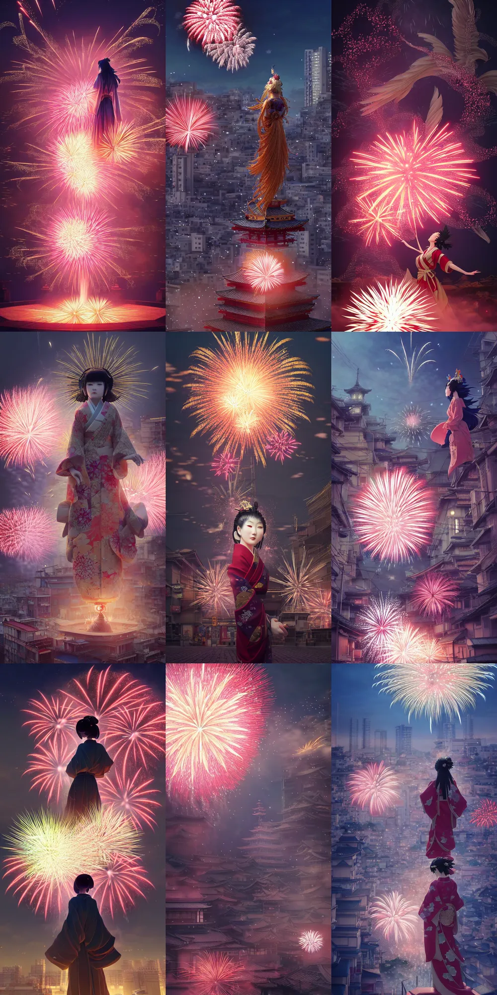 Prompt: fireworks, japanese goddess in the air, by kyoto animation, insanely detailed. instagram photo, kodak portra. by wlop, ilya kuvshinov, krenz cushart, greg rutkowski, pixiv. zbrush sculpt, octane, maya, houdini, vfx. huge ancient japan cityscape. cinematic dramatic atmosphere, sharp focus, volumetric lighting